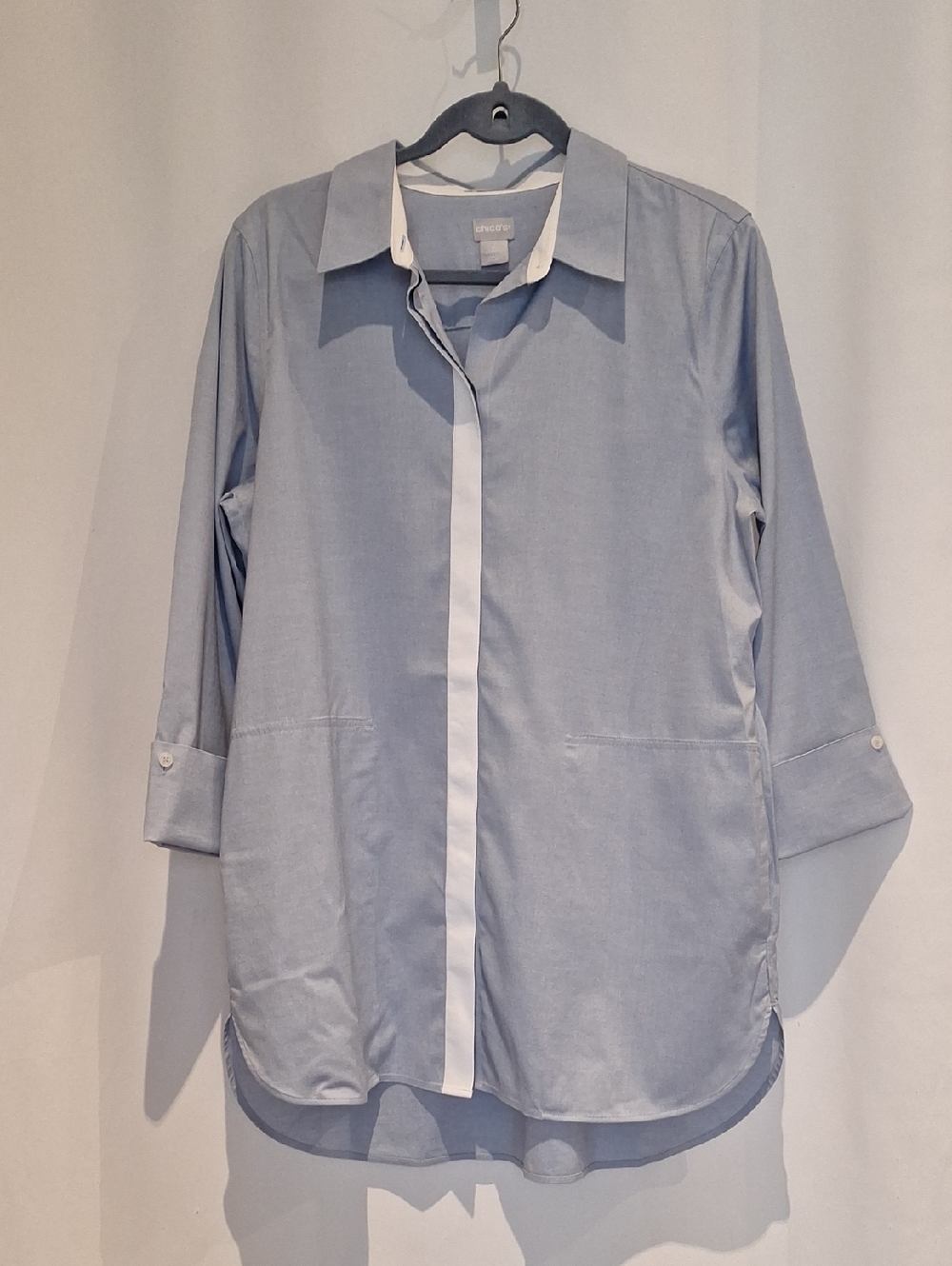 Chico's Light Blue Button-Down Shirt Jacket Shacket with White Placket Size 12